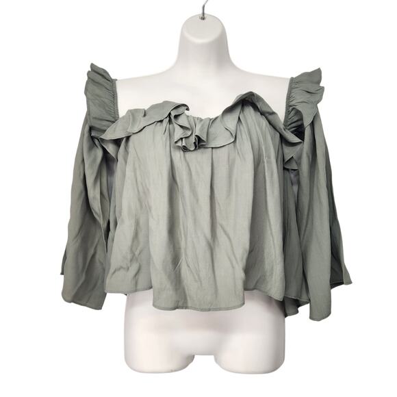 4SI3NNA Sage Green Ruffle off-the Shoulder Long Wide Sleeve Crop Top Women's S - Picture 2 of 9